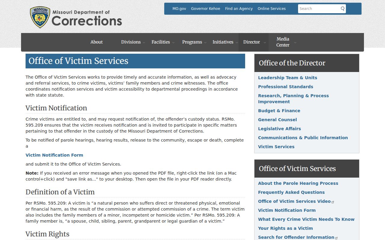 Missouri victim services channel connected to Chaffee criminal records