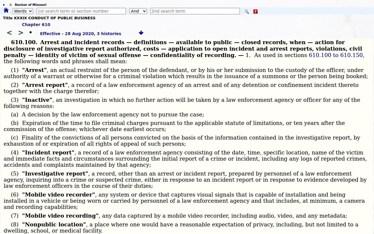 Missouri arrest record law governing Scott County arrest records