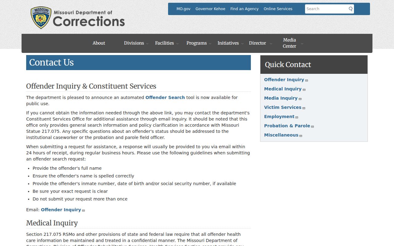 Missouri corrections contacts for Sikeston criminal record follow-up