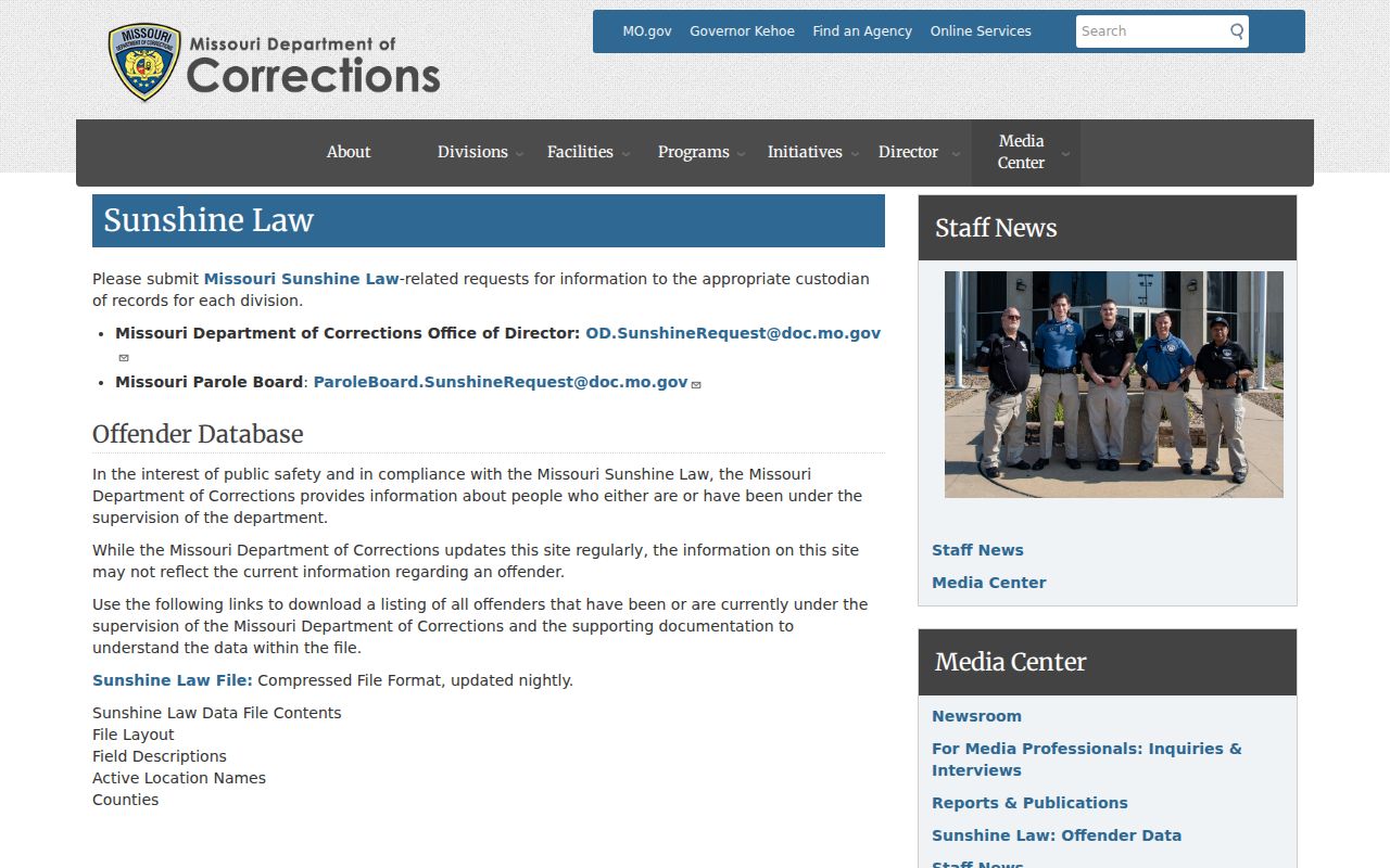 Missouri Department of Corrections Sunshine data information